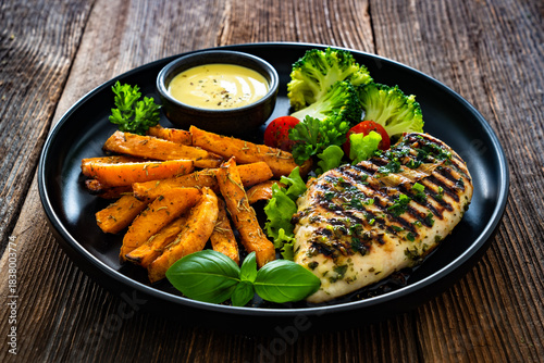 Grilled chicken breast, sweet potato fries with barbecue sauce and boiled broccoli on wooden table
