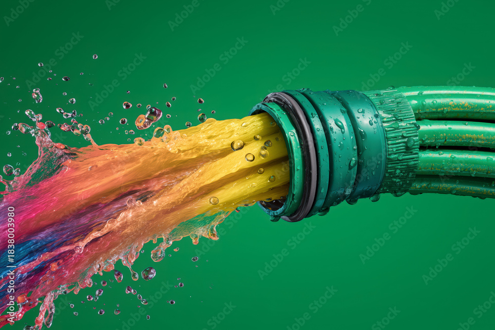 Fototapeta premium Vibrant rainbow colors burst forth from a garden hose spraying water, creating a dynamic splash with droplets against a solid green background