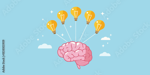 Bright ideas floating from the brain concept of innovation and creativity