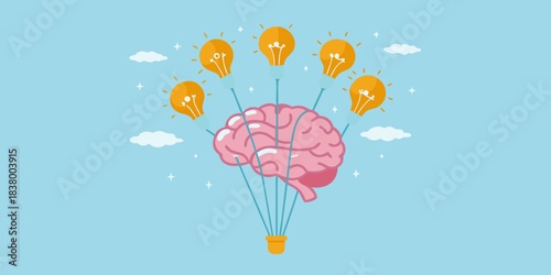 A human brain as a hot air balloon with light bulb ideas
