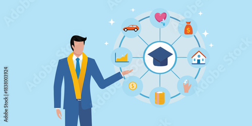 Balancing life priorities a man presenting financial and personal goals