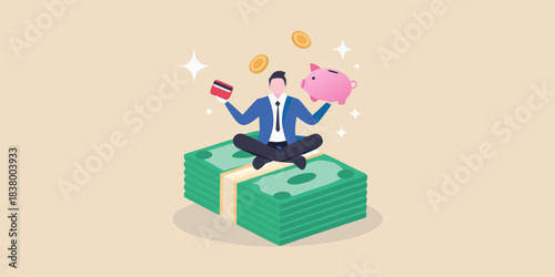 Man meditating on money with a piggy bank and falling coins