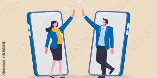 Connecting through technology people celebrating a success via smartphones