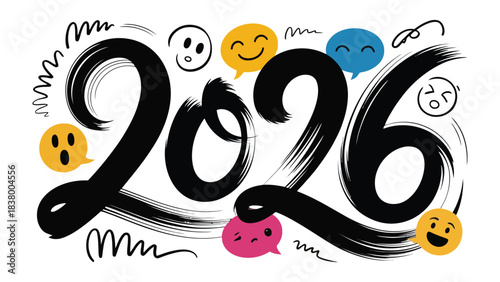The Year of Excitement: A bold and dynamic display of the year 2026, infused with a playful array of expressive emojis that add a touch of personality and excitement.