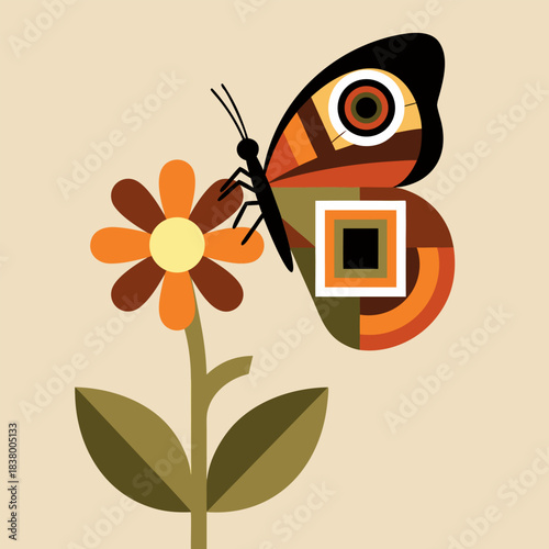 Retro Mid-Century Modern Butterfly and Flower Illustration