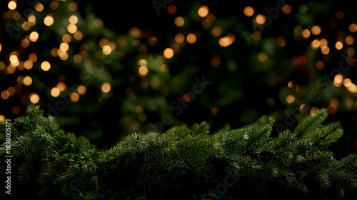 Abstrakt festive background with green pine tree branches and blurred lights 