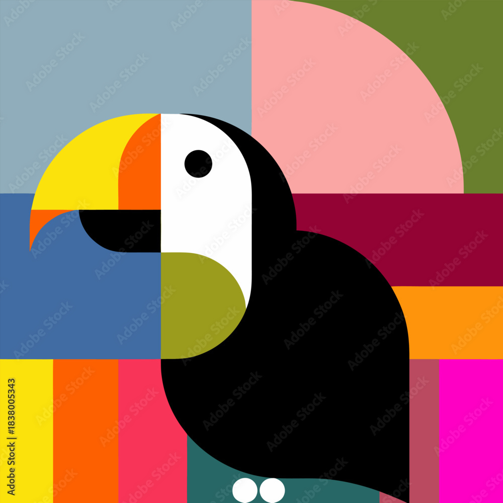 Fototapeta premium Vibrant geometric toucan illustration with abstract shapes and bold colors, capturing tropical essence in a modern art style