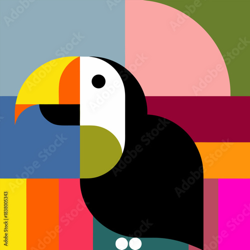 Vibrant geometric toucan illustration with abstract shapes and bold colors, capturing tropical essence in a modern art style