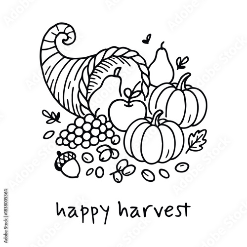 Black-and-white illustration of cornucopia overflowing with fruits, vegetables, nuts, and leaves in whimsical seasonal theme with “happy harvest” text