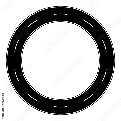 Circular road icon, black ring with dashed lane markings, abstract symbol