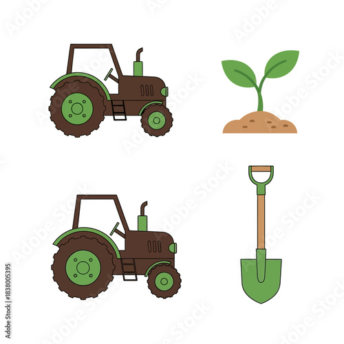 Set of farming and gardening tools with tractors, a plant sprout, and a shovel.