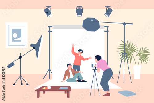 Photoshoot in studio. Male friends taking photography with professional photographer. Make memories, brothers, young guys, recent vector scene