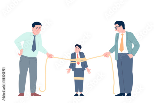 Employee tied. Metaphor of restrictions, corporate obligations and demands, oppression of small businesses by large corporations, taxes, recent vector scene