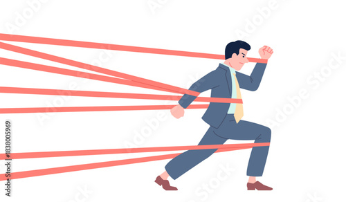 Difficulties in business. Struggle with problems, corporate career obstacle. Man tied red ribbons, limitation, overcome difficult, recent vector scene