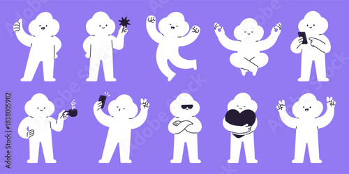 Abstract fluffy character. Cloud man positive emotions in different poses. Adorable person meditate, holding heart, taking selfie, scrolling smartphone, racy vector clipart