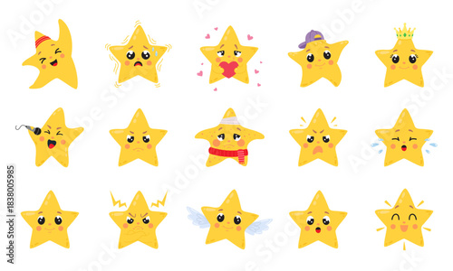 Cartoon emotional stars. Funny star various poses. Childish emoticon mascots angry, crying, happy, in love. Character with crown and angel wings, classy vector clipart