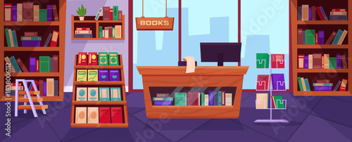 Bookstore interior. Wooden bookshelf with books, magazine stand and cashier desk. Cozy store for readers, book lovers. Empty shop nowaday vector scene