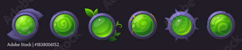 Game buttons. Green magic gemstone in stone frame decorated plants, lava, cracks. Witchcraft amulets design, ui ux elements, level signs, nowaday vector set