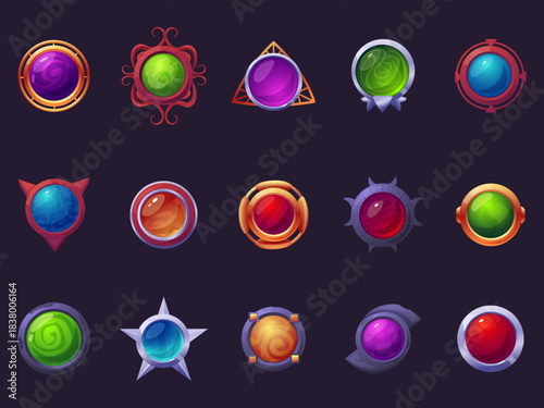 Cartoon round game buttons. Ui ux interface elements. Magic half spheres gems amulets in different wooden metal stone frames, nowaday vector set