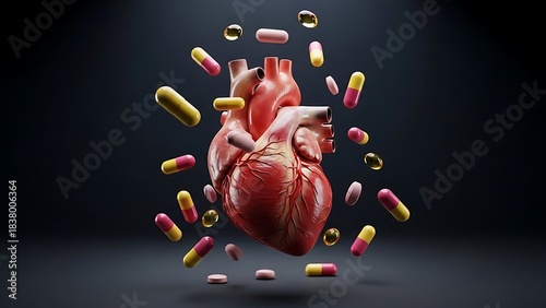 Abstract medical illustration of a heart and many different colored pills, representing the necessity of drug-based therapies