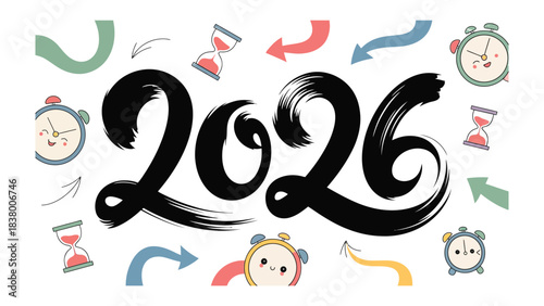 2026: Year of New Beginnings: An artistic vision showcasing the new year 2026, creatively incorporating clocks, hourglasses, and arrows, evoking concepts of time and progress. 