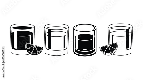 Black and white drink glasses with lemon vector illustration