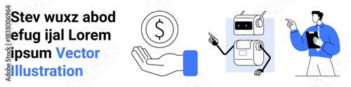 Fintech innovation, automation, business solutions, digital economy, AI integration, decision-making processes. Elements include a dollar symbol, robot and a business person pointing. Fintech