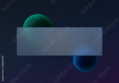 Dark panel with deep blue-green and blue glowing spheres, a futuristic minimalist design and a soft shadow atmosphere in the style of glass morphism.
