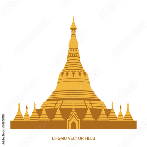 Shwedagon Pagoda in Yangon, Myanmar, a golden Buddhist stupa, iconic religious landmark.