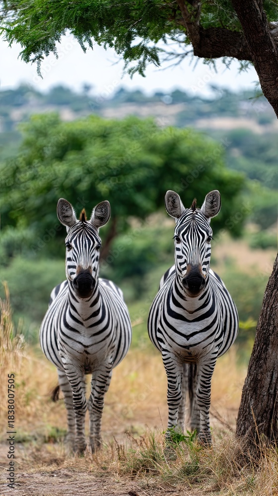 Obraz premium Two zebras standing together in a grassy area with trees in the background during a sunny day in the African savanna