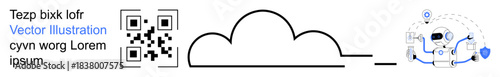 Data security, cloud storage, AI integration, digital innovation, QR code scanning, online services. QR code linked to a cloud and AI network graphic. Data security and cloud storage concept