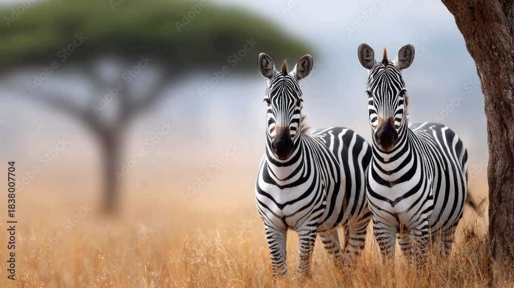 Obraz premium Striped zebras stand together under a tree in the savanna during a warm afternoon in Africa, showcasing their unique patterns and behavior