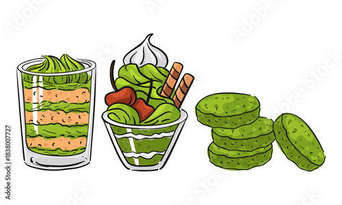 set of matcha desserts. Layered parfait, layered ice cream with cherries and waffles, stack of cookies. Illustration with outline for cafe menus, cooking blogs, recipe books, advertising sweet frozen