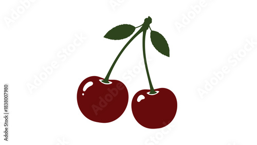 Two bright red cherries with green leaves against a plain white background
