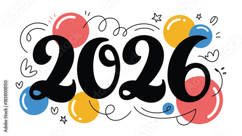 New Year Countdown: The vibrant numbers 2026 boldly take center stage, accented by playful swirls and colorful spheres, heralding a future filled with promise and excitement. 