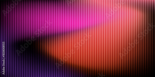 Neon ripple glass gradient in magenta, violet, ember orange on deep midnight. Sharp ribbed distortion, cinematic glow; futuristic texture background, vector illustration
