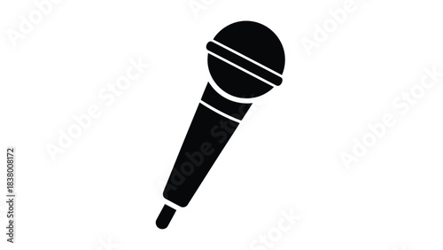 Simple black silhouette of a classic dynamic microphone on a white background