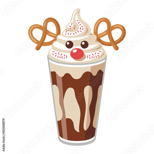 Cheerful reindeer frappé vector illustration with whipped cream face – Great for festive cafe specials and seasonal merchandise.
