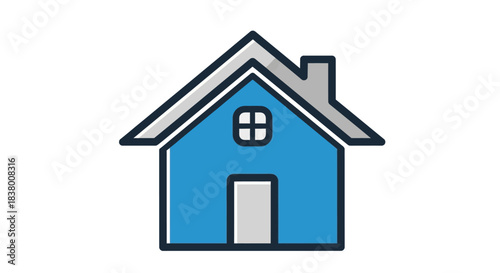 Simple Blue House Icon with Grey Roof and Chimney.