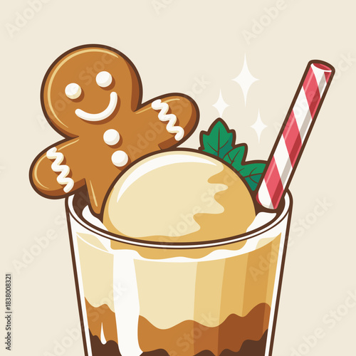 Festive vector illustration of gingerbread man cookie ice cream float – Great for Christmas food packaging, baking blogs, or winter dessert advertising.