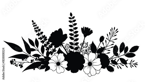 A delicate arrangement of black and white floral silhouettes and greenery