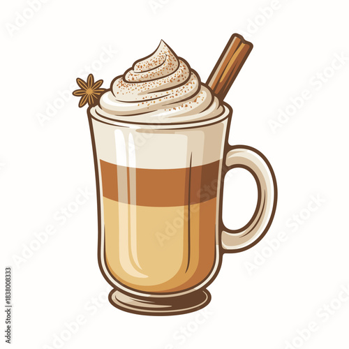 Clean vector of Christmas eggnog latte in glass mug with cinnamon – Perfect for coffee shop seasonal menus, holiday catering, or warm winter beverage ads.