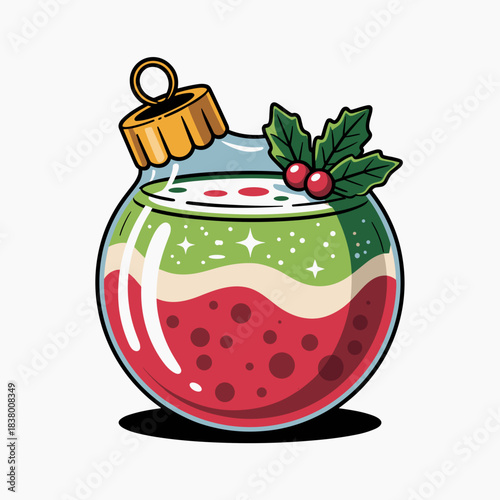 Clean vector of layered ornament mocktail with candy cane garnish – Suitable for holiday catering menus, New Year's Eve party invitations, or festive drink recipes.