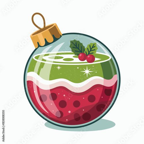 Vibrant vector of ornament cocktail with layered colors and golden cap – Perfect for Christmas party themes, seasonal mocktail recipes, or digital holiday advertising.