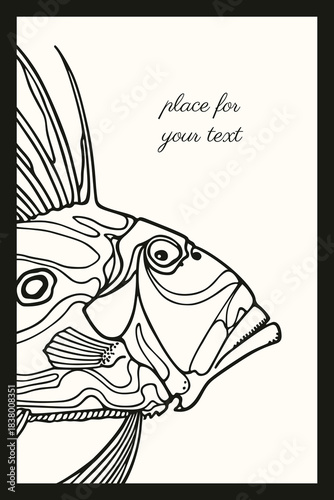 Vector card with hand drawn illustration of a deep sea fish made in graphic steampunk style. Ink drawing, beautiful design elements. Perfect print for any business related to the fish industry.