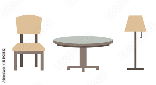 Simple illustration of a chair, round table, and floor lamp.