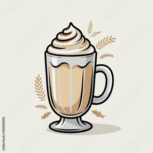 Modern vector of eggnog milkshake in glass mug with spice dusting – Suitable for clean holiday design, minimalist seasonal marketing, or cafe specials.