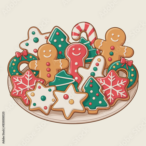 Vibrant vector illustration of assorted christmas cookies on a platter – Great for Christmas party planning, festive recipe books, or food packaging design.