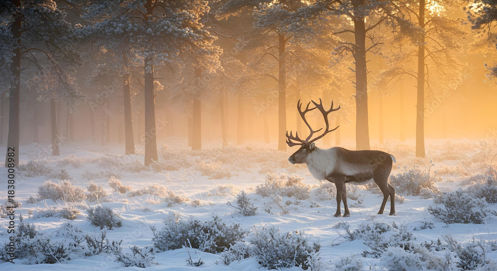 Obraz premium reindeer in snow mountain jungle christmas concept