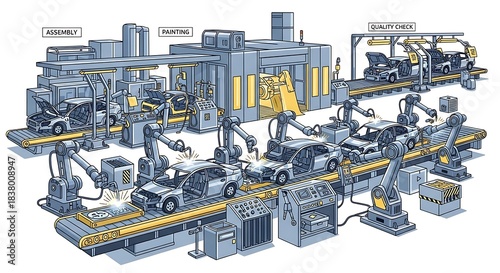 Automotive Assembly Line with Robotic Arms and Conveyor Systems.